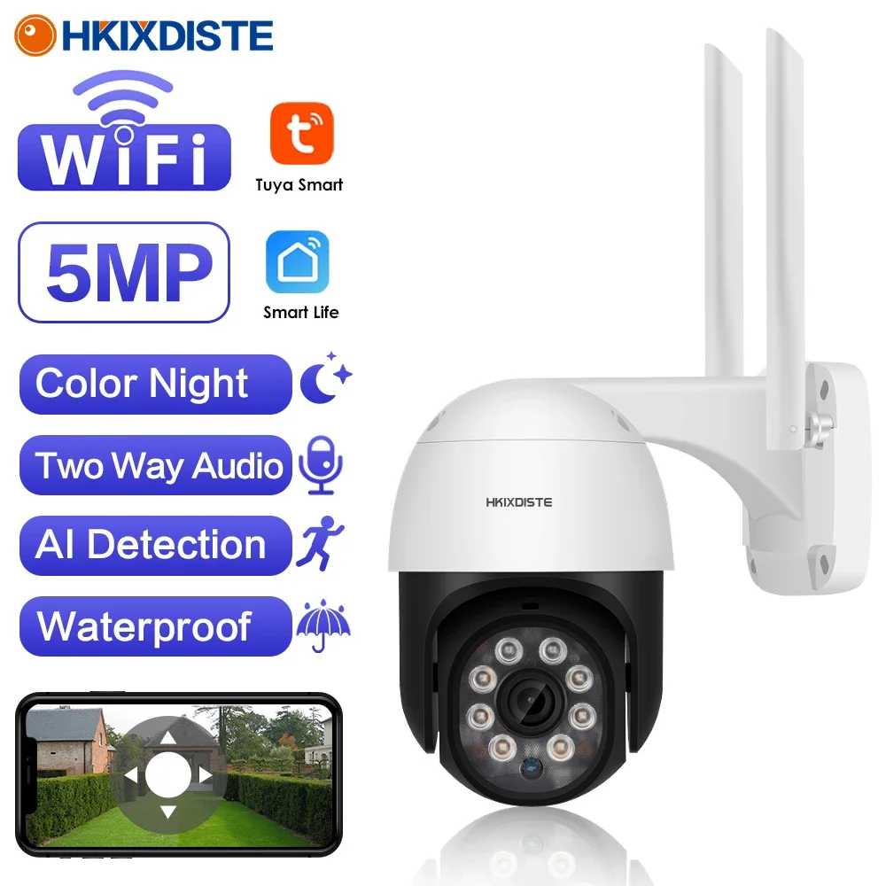 

5MP Tuya Outdoor Waterproof Wifi PTZ Security Camera Human Detection Auto Tracking Wireless CCTV Surveillance Camera Smart Life