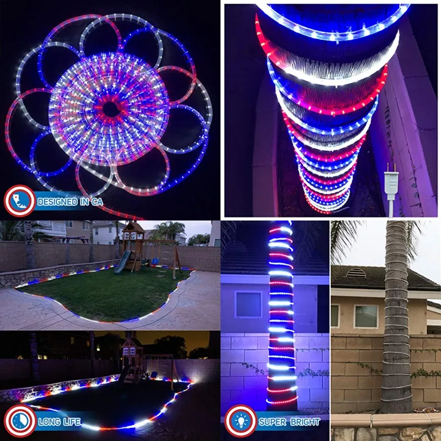 

100ft/30m Led Rope Lights Lamps Kit Indoor Outdoor Decorative Lighting for Patriotic 4th of July Memorial Day Decor Party Trees