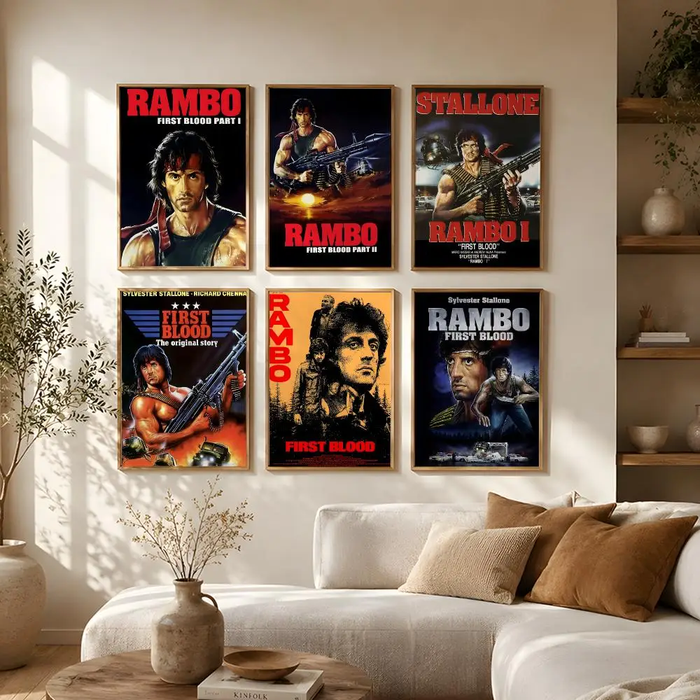 Action Movie Rambo First Blood Poster Self-adhesive Waterproof Paper Sticker Art Coffee House Bar Room Wall Decor