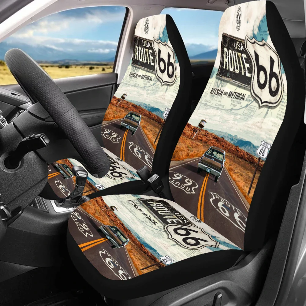 2pcs Route 66 Journey Print Car Seat Covers For Women And Men, Universal Auto Front Seats Protector Fits Cars, SUVs & Trucks – E