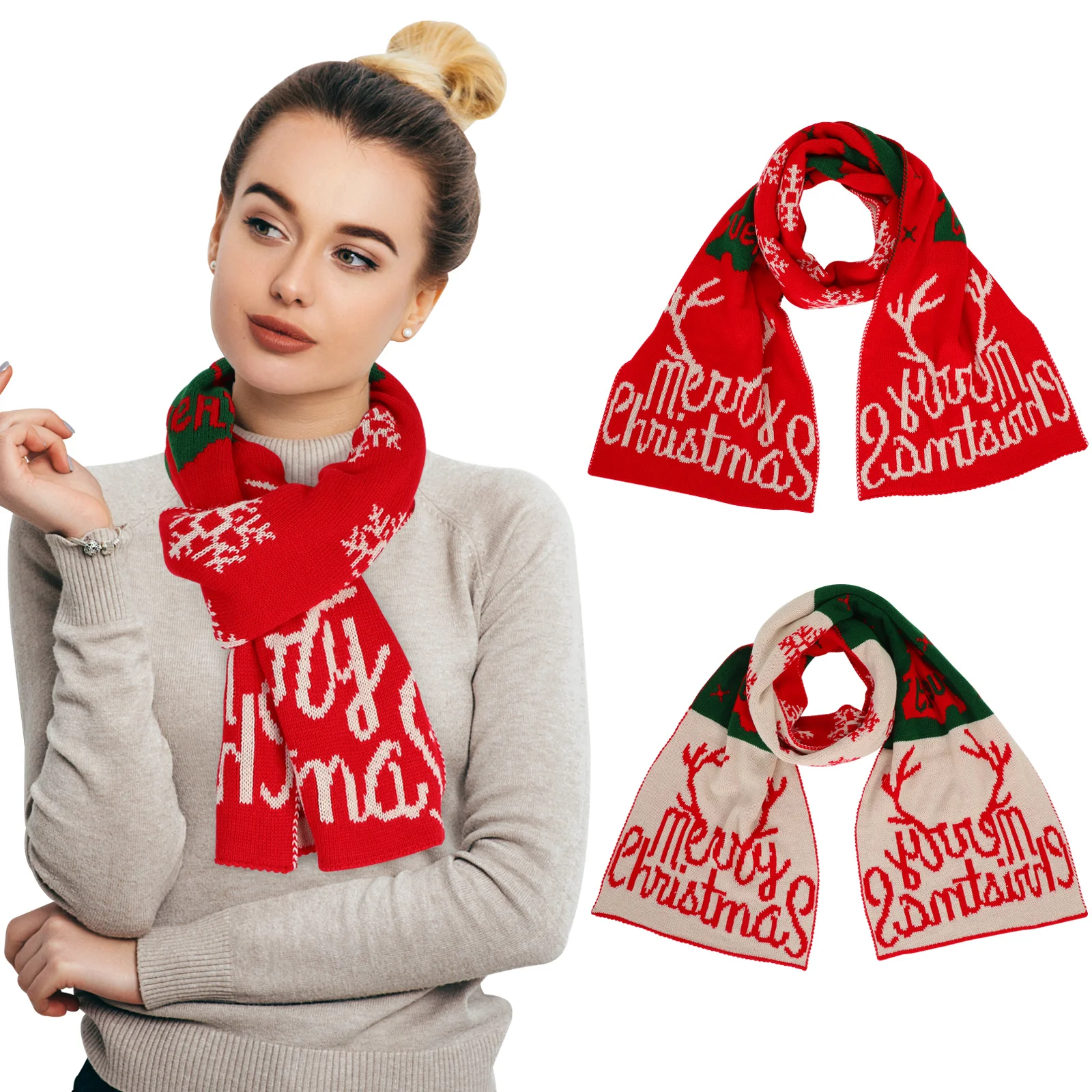 

Christmas Reindeer Scarf Knitted Winter Fall Warm Fashion Gift Scarf For Women Men Double-Side Pattern Festive Soft
