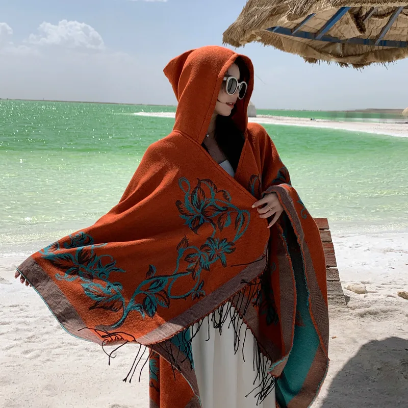 

Шаль с капюшоном в этническом стиле, накидка в пустыне, северо-западный, для путешествий, теплая верхняя одежда, ветрозащитный шарф