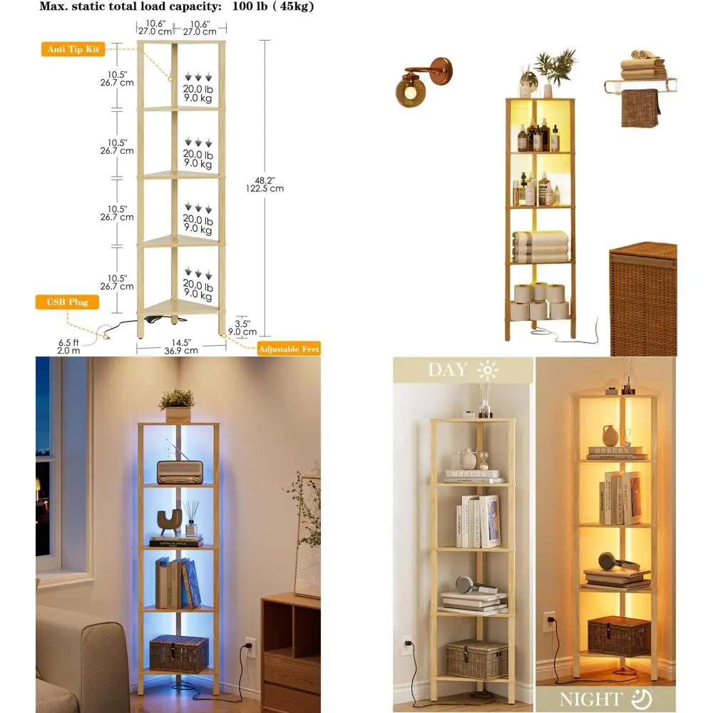 

5-ярусная книжная полка из дуба со светодиодной подсветкой и местом для хранения для гостиной, спальни или офиса