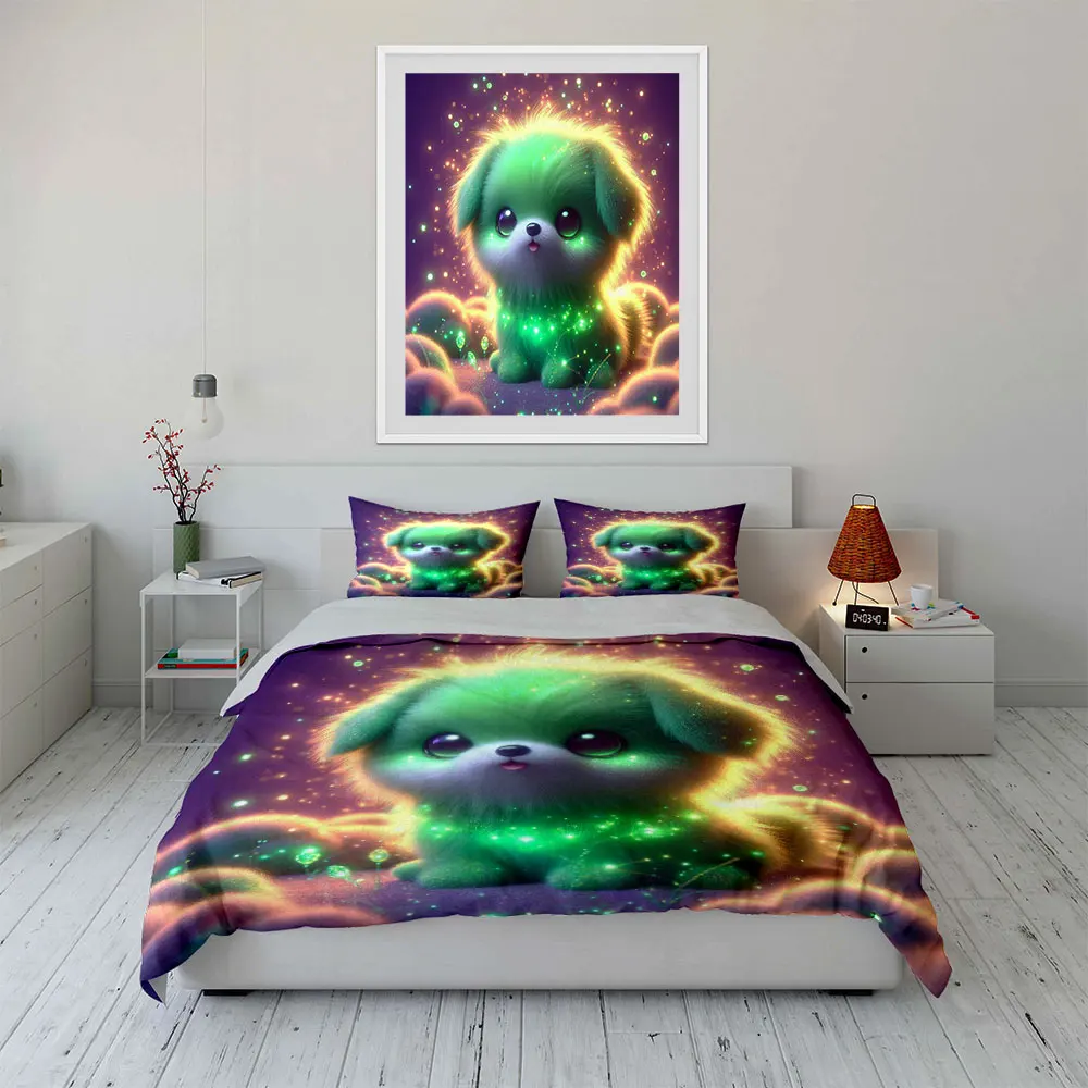 Adorable glowing green puppy Fantasy World Duvet Cover Set with 3D Printing Design Soft Polyester Bedding Set All-Season Comfort