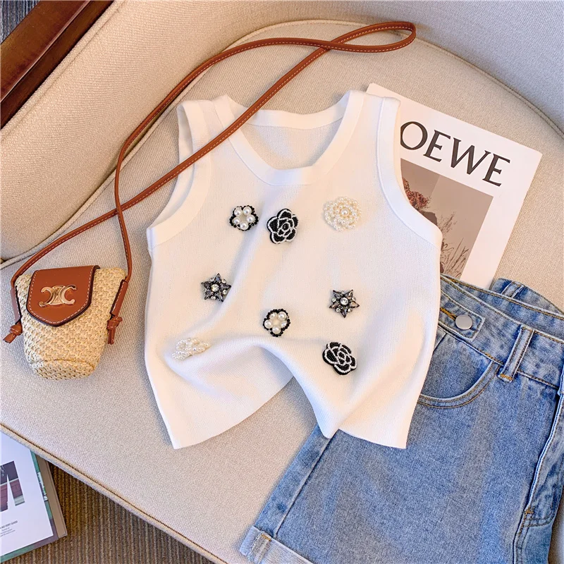 

Floral Beading Slim Knit Vests Women Crop Tops 2024 Summer Sleeveless O-neck Knitwear Pullover Elegant Vintage Stylish Vests