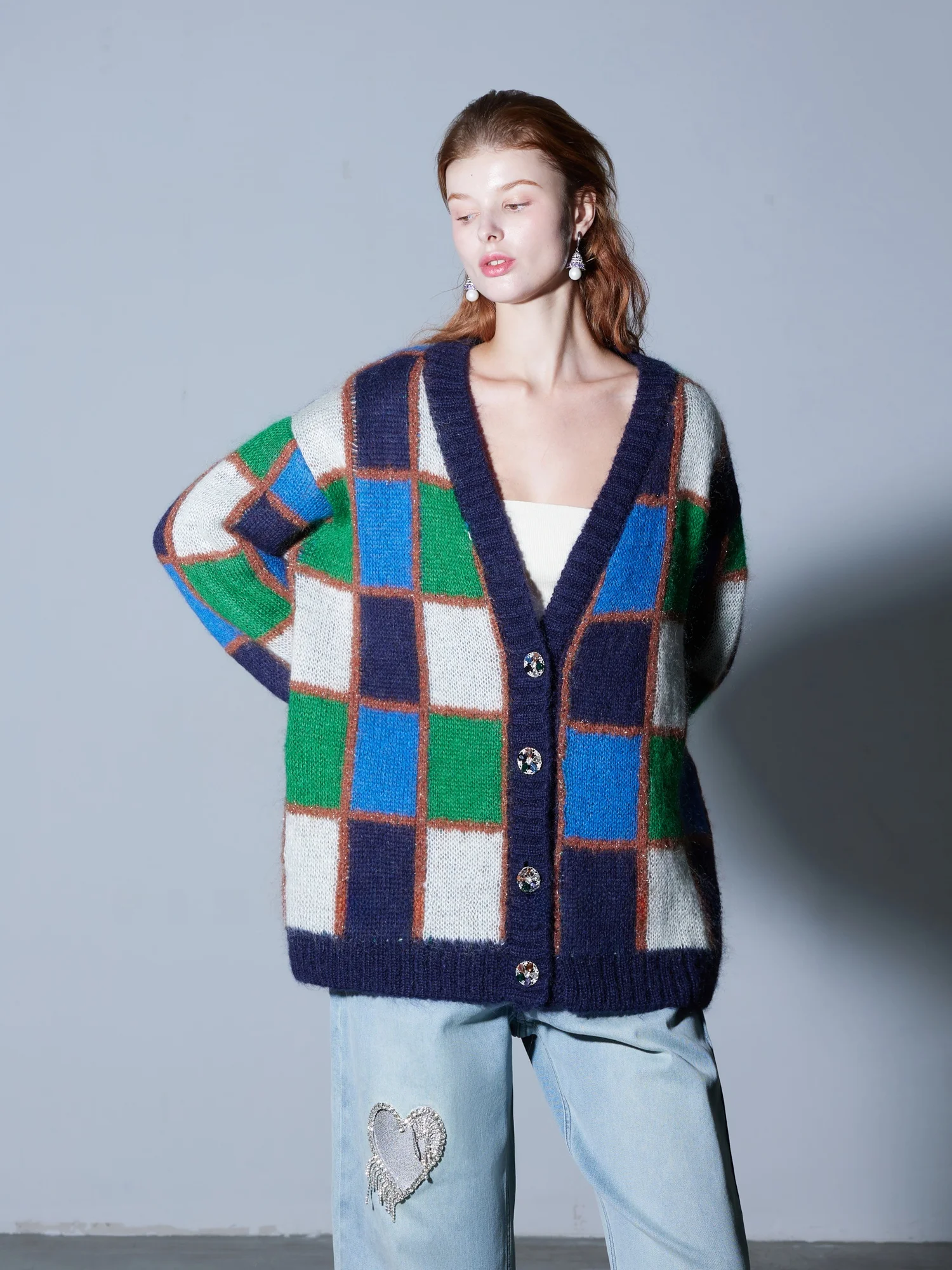 

Finocci Heavyweight Camere Sweater with Diamond Bule Mixed Weave Color Blo Bright Tead Chboard Pattern Casual Loos...