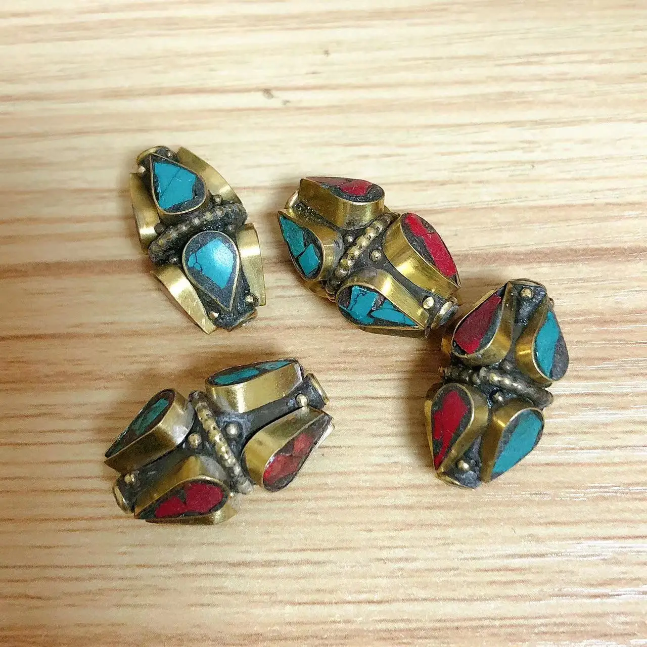 BD243 Nepal Handmade Brass Metal Beads Inlaid Colorful Stone Shuttle Loose Beads For DIY Jewelry 4 PCS Beads Lot