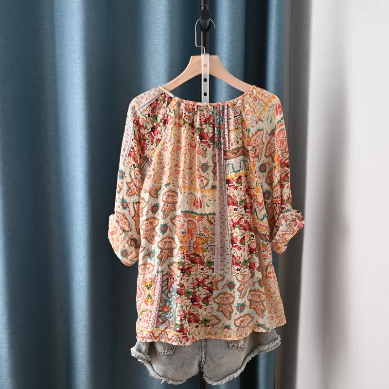 Fine elegant blouses for women boho three quarter sleeve print blouses ethnic shirts fashion women\'s clothing 2024 tops female