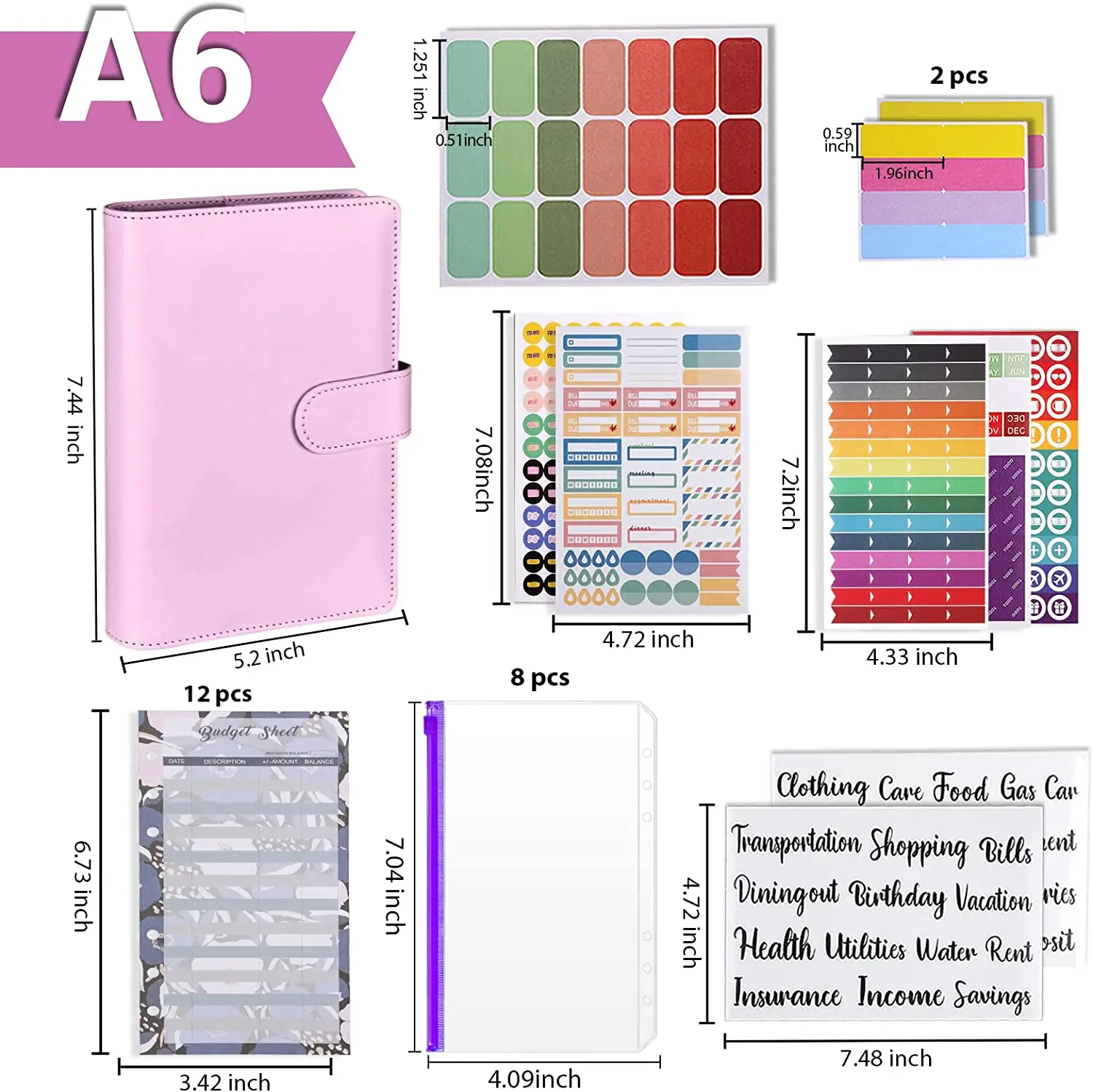 Carpeta de presupuesto A6, sobres de efectivo con cremallera de colores, ahorro de dinero, hojas de presupuesto, etiqueta de palabra, pestañas de