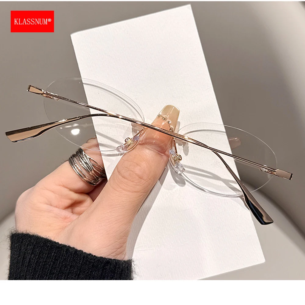 KLASSNUM Women 2026 Anti Blue Light Eyewear Rimless Oval Transparent Glasses Alloy Frame Transparent Lenses Decorative Eyepiece