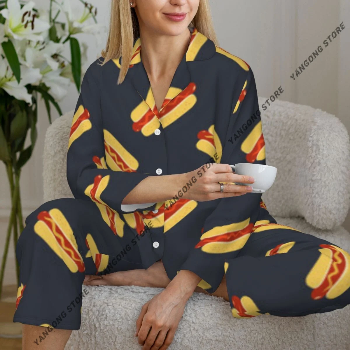 

Spring and Autumn Long Sleeve Pants Pajamas Loungewear Set Hot Dog Pattern Women's Pull Edge Loose Sleeping Suit