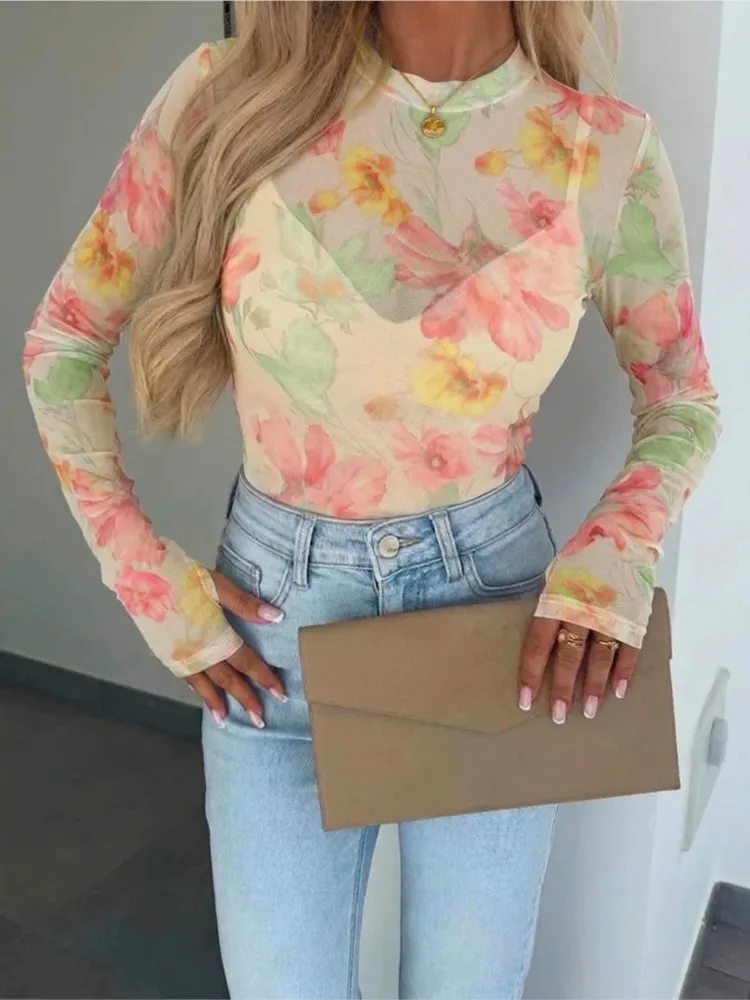 Women Floral Mesh Long Sleeve Top Round Neck Sheer See‑Through T Shirt Spring Summer Casual Slim Fit Y2K Fashion Ladies Tshirts
