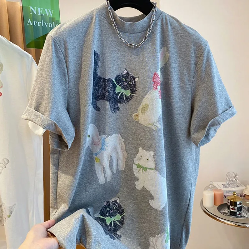 New High Street Vintage Animal Cats magliette stampate moda donna Creative Cotton Tees Summer Soft Loose Lovely Korean Y2K Tops