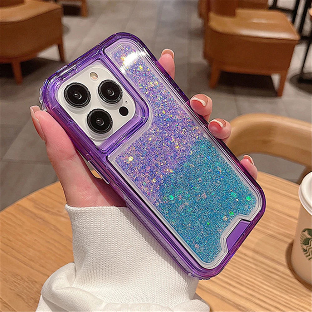 3in1 Gradient Glitter Bling Transparent Phone Case For iPhone 15 14 11 12 13 Pro Max Plus X XR XS Heavy Shockproof Armor Cover