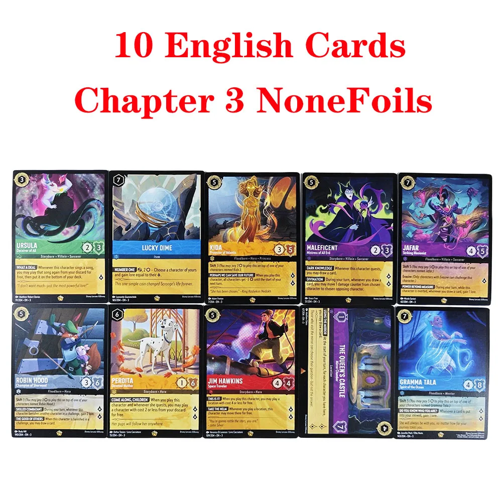 TCG Game Cards of Lorcana Capítulo 3, Into the Inklands-Kida, Jafar, Jim, robin, ursula, Sou gramma, Plerdita Castle, Proxy Foil, Inglês