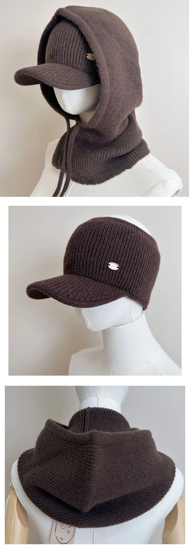 Zweiteiliges gestricktes Oberteil, Kappe und Sturmhaube für Damen und Herren, Schal, einteilige Mützen, Unisex, warme Wintermütze, kältebeständige Skimütze – Detail 9