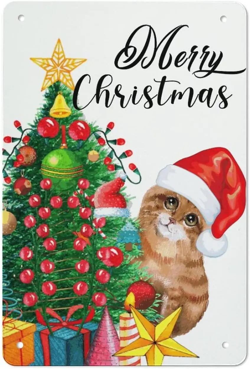 Christmas Meowy Christmas Cat with Red Hat Signs Winter Wreath Aluminum Tin Sign Christmas Santa Claus Wall Plaque Christmas Dec