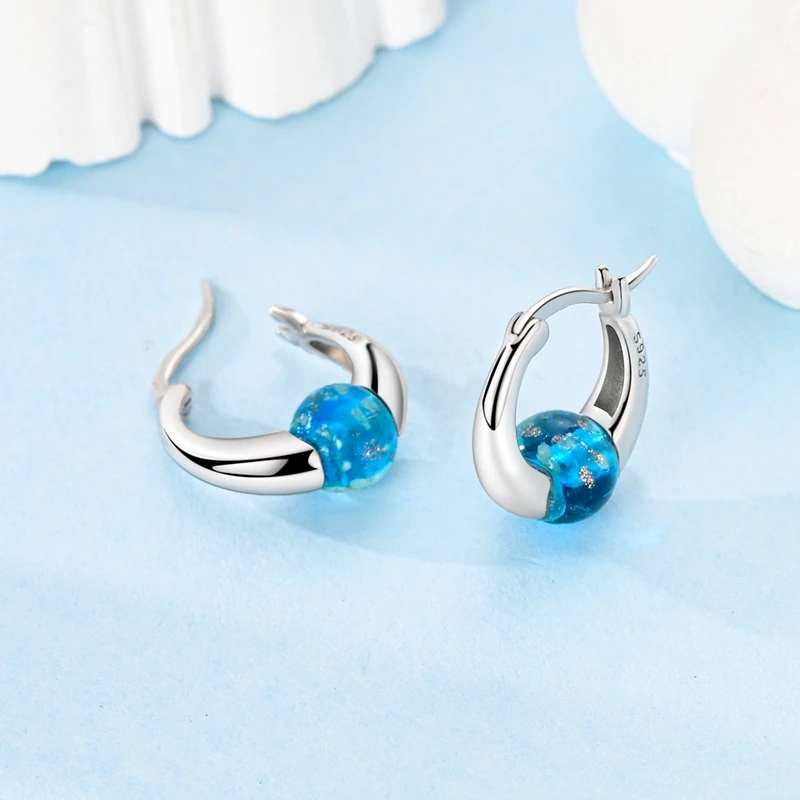 Luxurious 100% 925 Sterling Silver Blue Glow In The Dark Rotating Earth Hoop Earrings For Nightclub Party Jewelry Matching