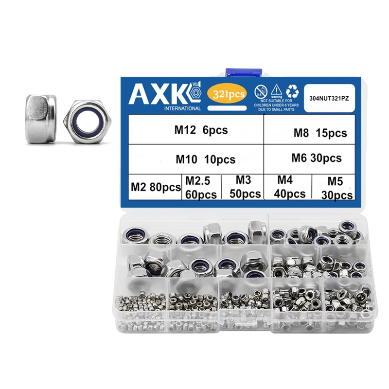 AXK  321pcs Nylon Lock Nut 304 Stainless Steel M2 M2.5 M3 M4 M5 M6 M8 M10 M12 Hex Hexagon Self locking Nut Assortment Kit