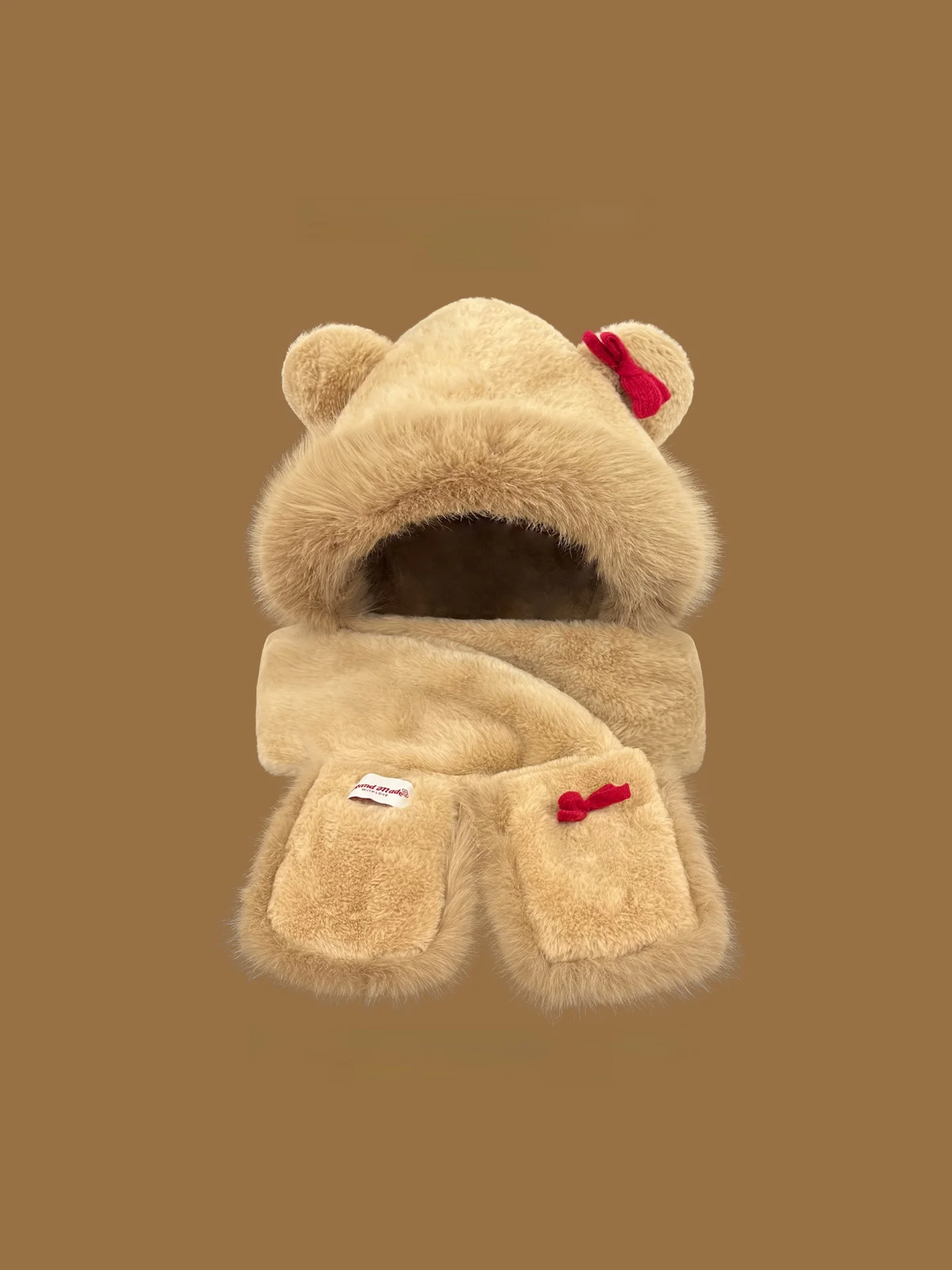 Cute Bear Ear Plush Hat Scarf Gloves Set Women Winter Riding Warm One-Piece Overhead Hat Scarf Gloves Combo Fashion Accessory