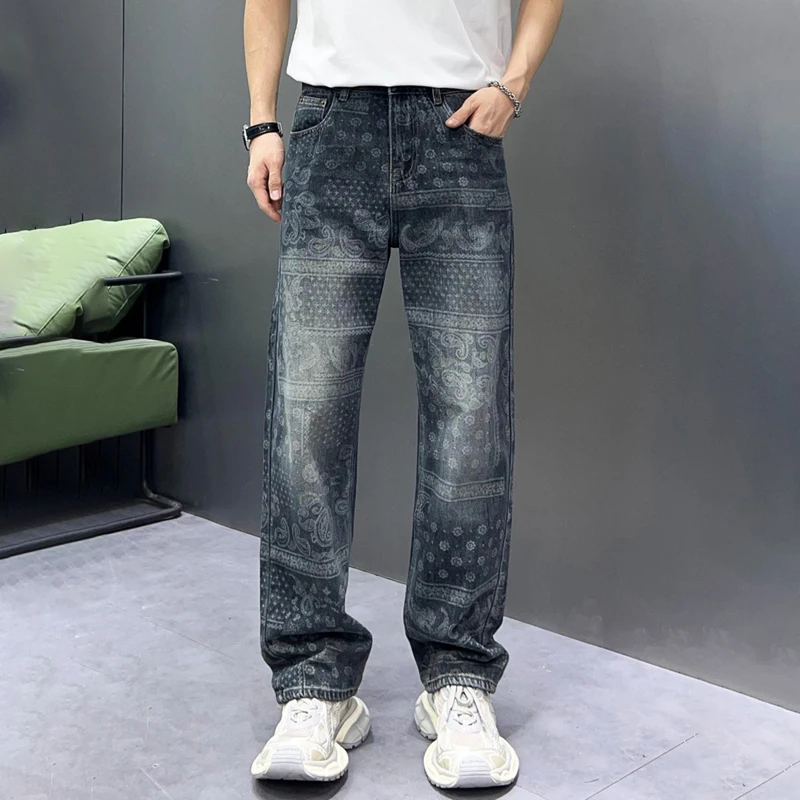 spring and summer Non-stretchy 100% Cotton Denim Jeans For Men Loosen Streetwear Ink Sprayed Pants 2024 new product