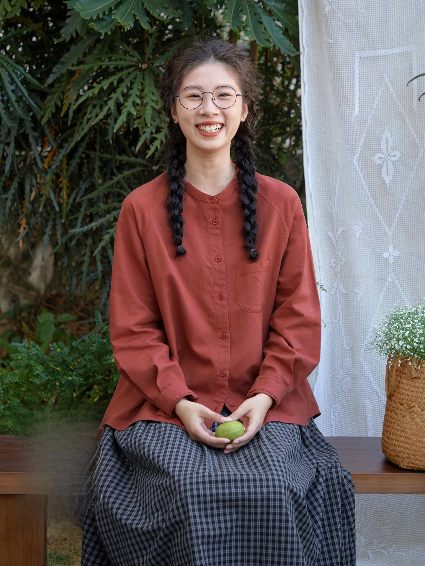 

Red Loose Long Sve Stand Collar Women's irt Spring Season Breathable Comfortable Cotton Lenzing Lyocell Linen Blend irt