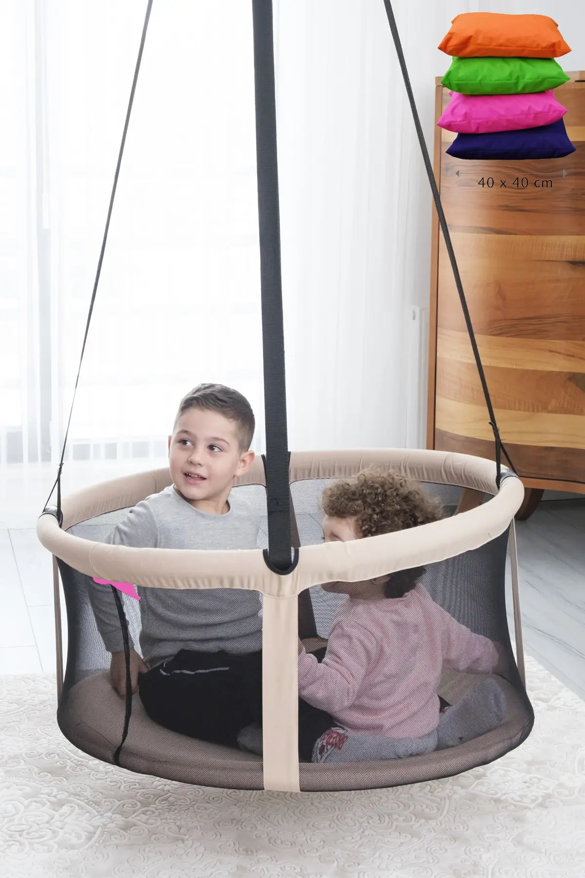 Basket Swing, Maximum bearing capacity: 70 kg. Is Fabric part 30 degree machine washable.