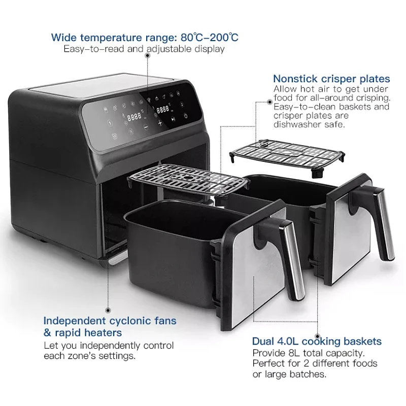 New Model Kitchen Appliances air Fryer 8 Liters Freidoras De Aire Inteligentes Smart Double Door air Fryer