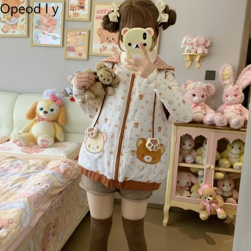 Chaleco de felpa japonesa con capucha, de doble cara, ideal para otoño e invierno, de estilo dulce y adorable, para niñas, más grueso, cálido, holgado, y como prenda interior de felpa.