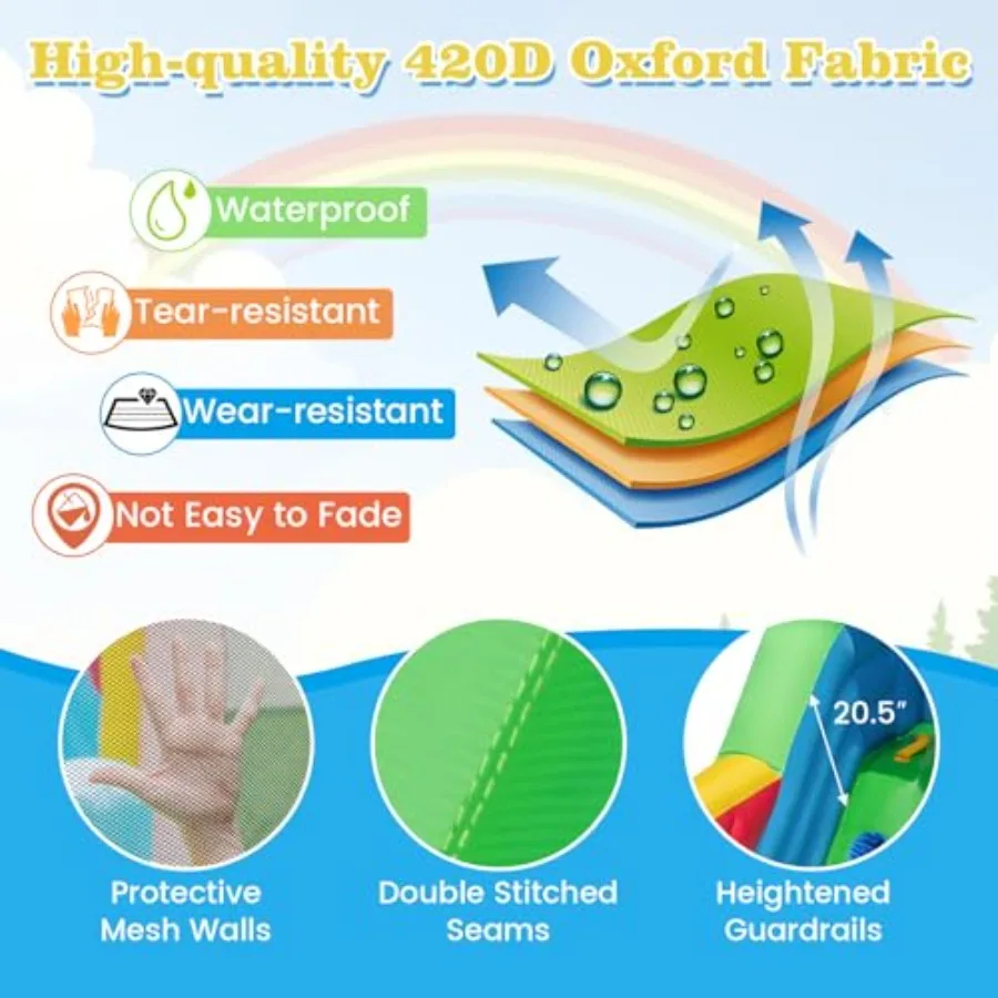 Casa da rimbalzo 14,5x6FT, ponticello gonfiabile con scivolo, bracciolo con palline, parete da arrampicata, ostacoli, area di salto, borsa per il trasporto, kit di riparazione, pollici