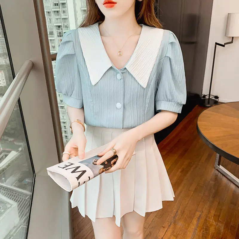 Sweet Contrast Shirt Tops Summer New Short Sleeve Solid Doll Neck All-match Cute Button Blouse Fashion Korean Women Clothing