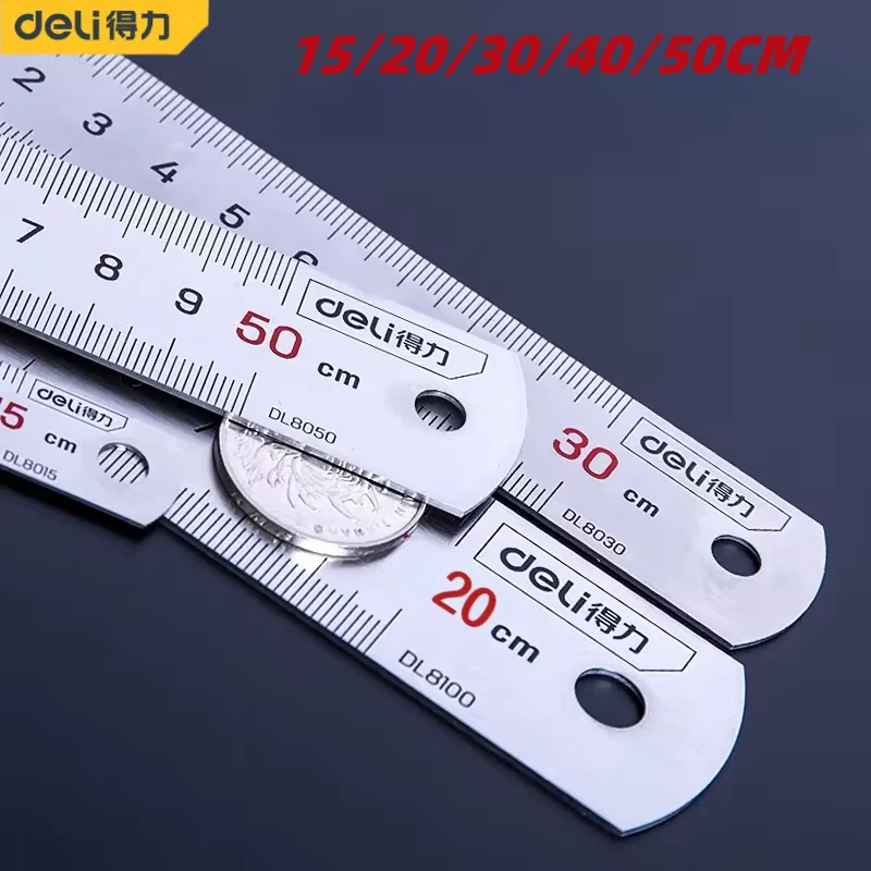 Deli 1 Pcs 15/20/30/40/50cm Multi-standard Measuring Ruler Stainless Steel Woodworking Portable Percision Measuring Hand Tools