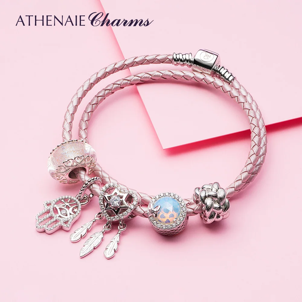 ATHENAIE وردي فاتح مزدوج مضفر الجلود Charms سوار مع 925 مشبك فضي الاسترليني صالح ساحرة الخرزة لفتاة النساء #5