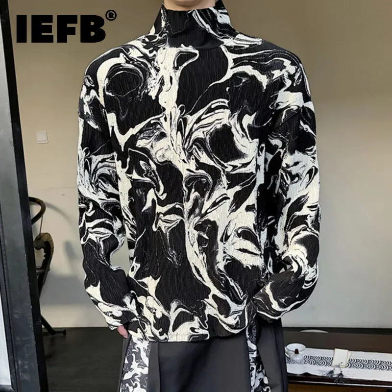 IEFB Long Sleeved Pleated T-shirt Men Wear New Trendy Fashion Folded Half High Collar Chinese Style Digital Printed Top 9C5157