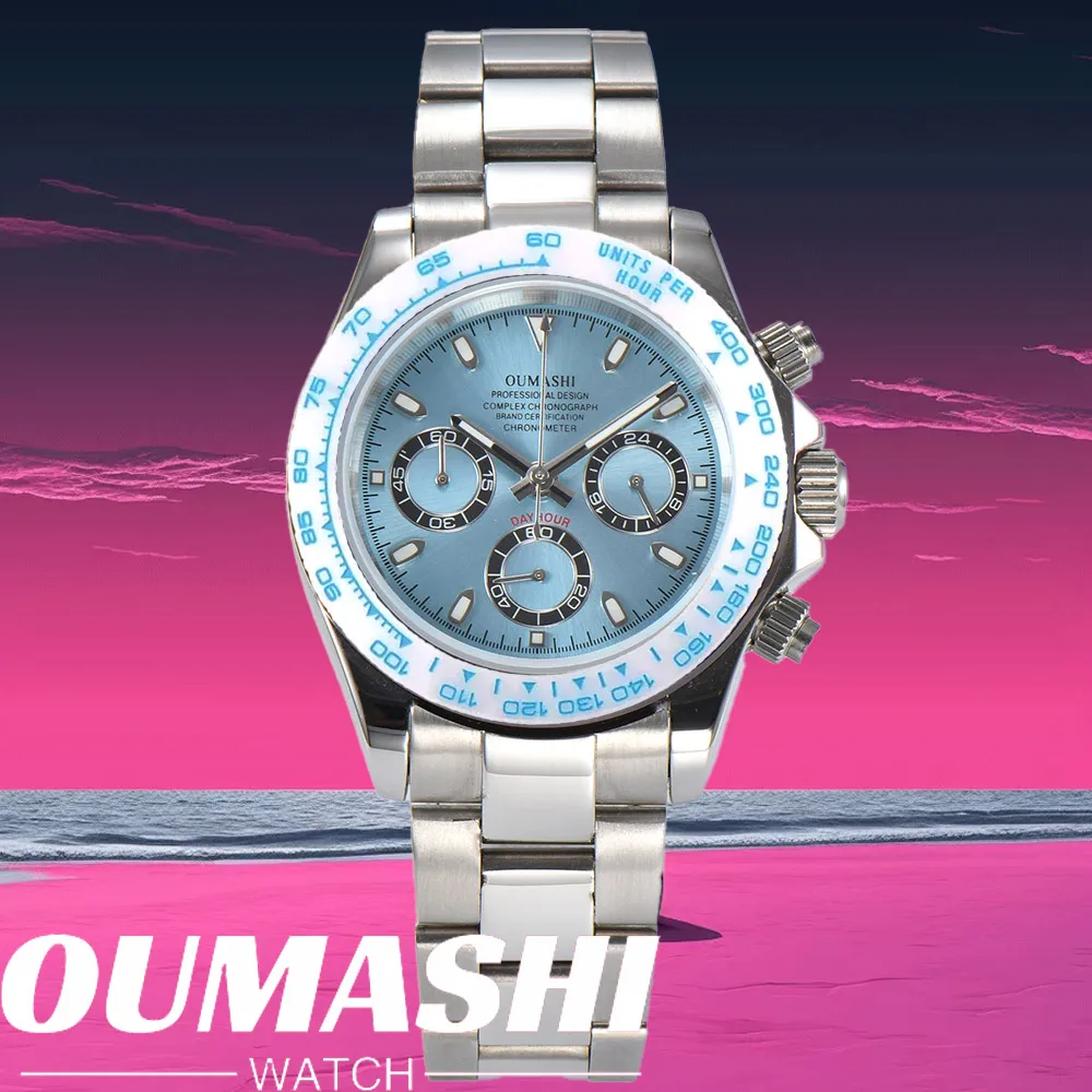 Reloj de cuarzo deportivo de lujo de cerámica blanca de 39,3mm, cristal de zafiro, acero inoxidable 316L, resistente al agua para movimiento de reloj VK63 para hombre