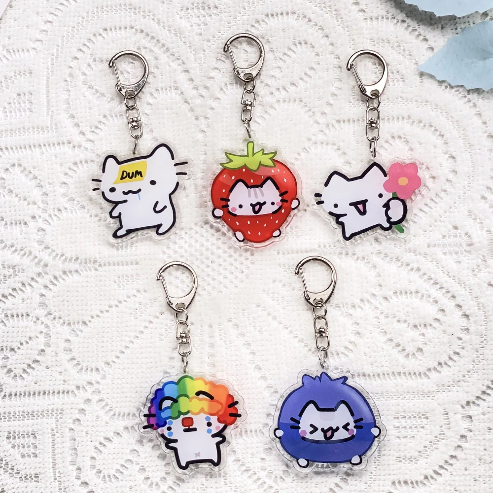 5pcs Funny Cartoon Strawberry Cat Memes Car Keychain Acrylic Keyrings Bag Charms Cute Backpack Pendant Decoration Friends Gifts