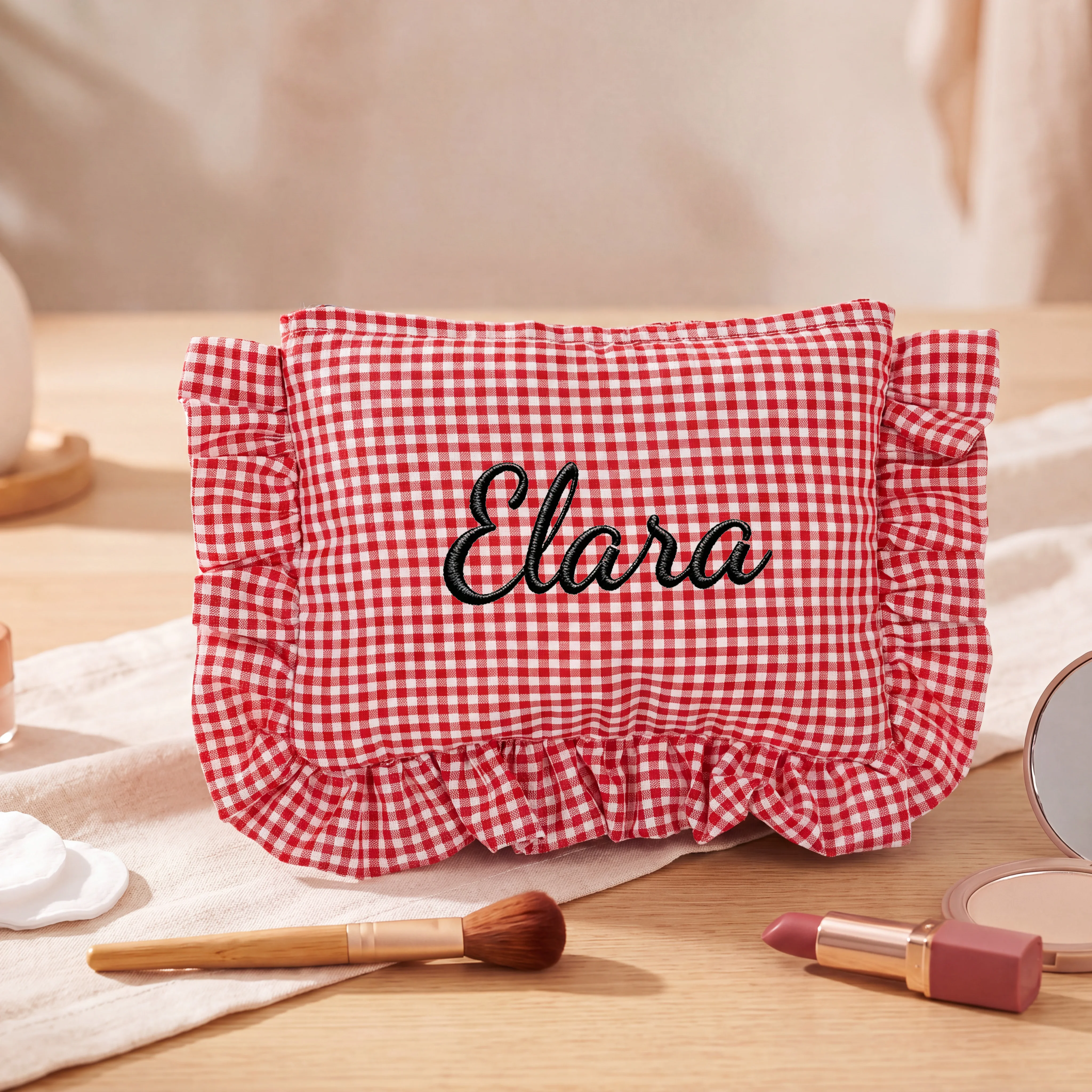 1 PC Personalized Ruffle Gingham Makeup Bag Custom Embroidered Name Cosmetic Bag Women Travel Toiletry Pouch