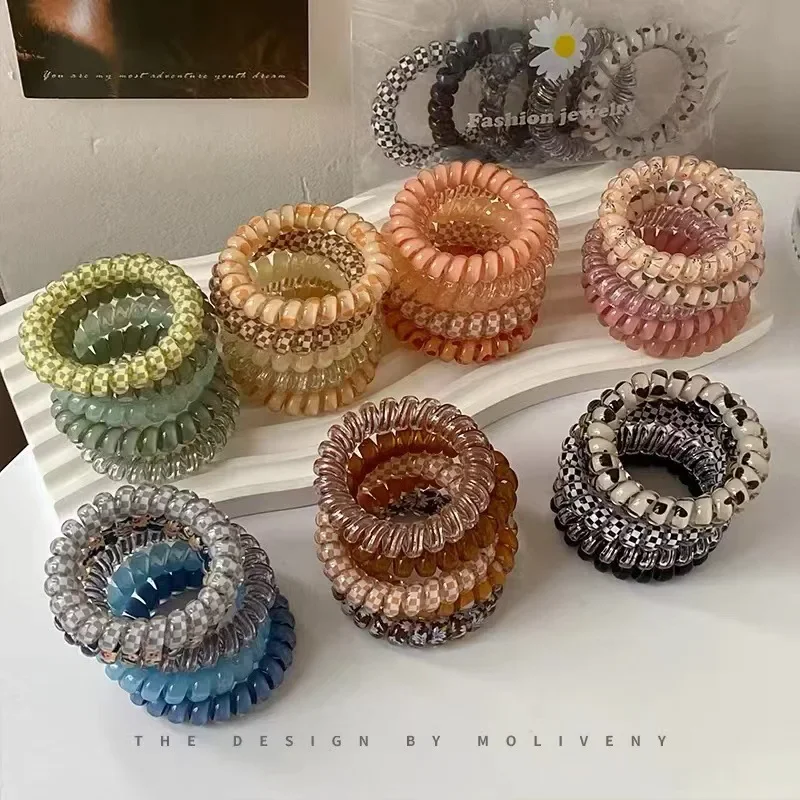 5pcs Set Telephone Cord Scrunchies Spiral Hair Ties Gradient Color Checkered Print Phone Cord Elastic Hair Band Hair Accessories