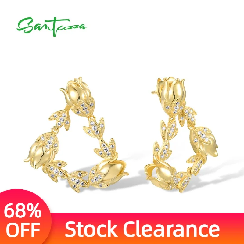 

SANTUZZA Real 925 Sterling Silver Stud Earrings For Women Sparkling White CZ Tulip Flower Dangling Arractive Gifts Fine Jewelry