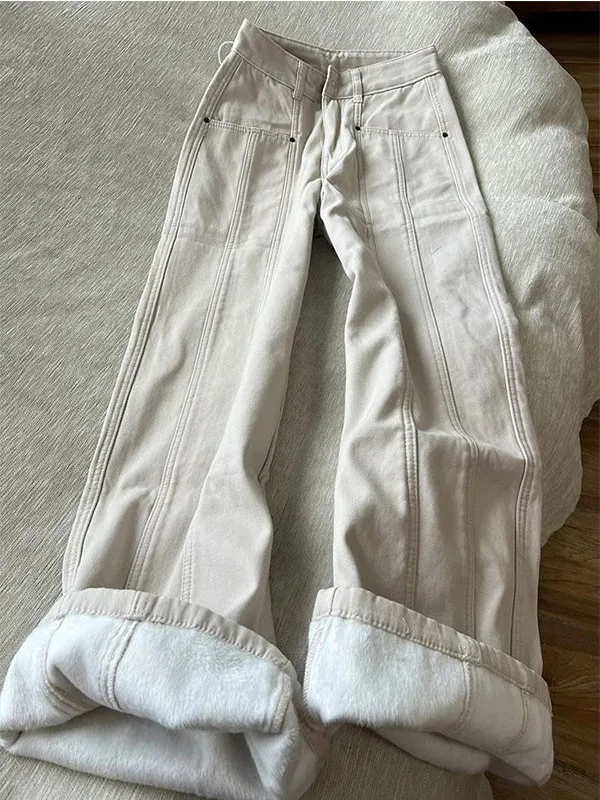 

Прямые джинсы больших размеров на подкладке Fce, женские осенне-зимние утягивающие теплые брюки с высокой талией, повседневные американские брюки