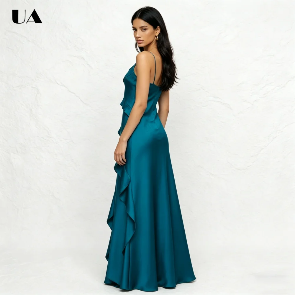 

ULBYANRY Simple Satin Ruffled Prom Dress with Spaghetti Straps, Fashionable Solid Evening Dress, Trendy Customized Party Gown