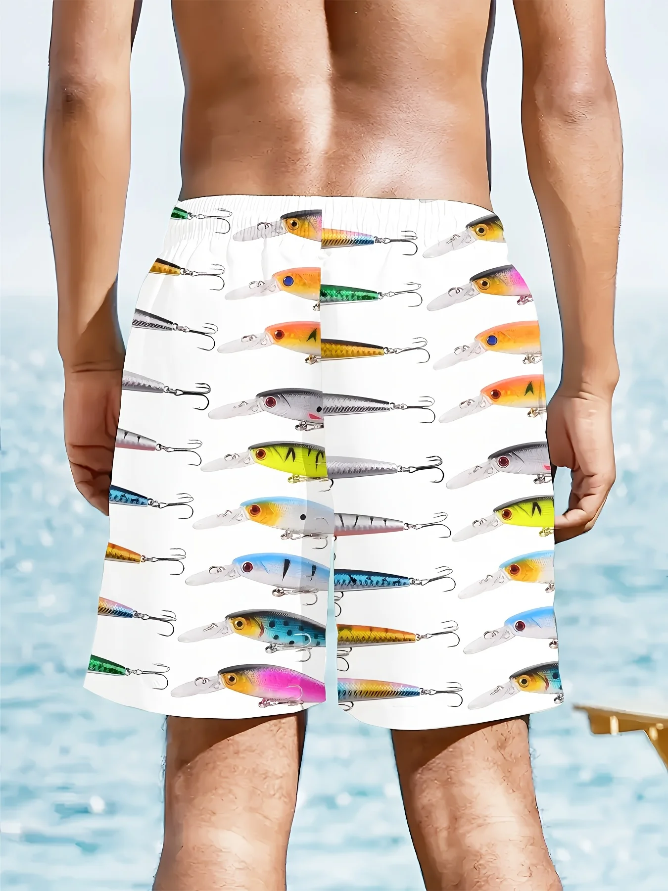 Colorful Fish Bait Pattern Beach Shorts | Breathable Quick-Dry, Adjustable Drawstring Waistband and Pockets Ideal for Surfing