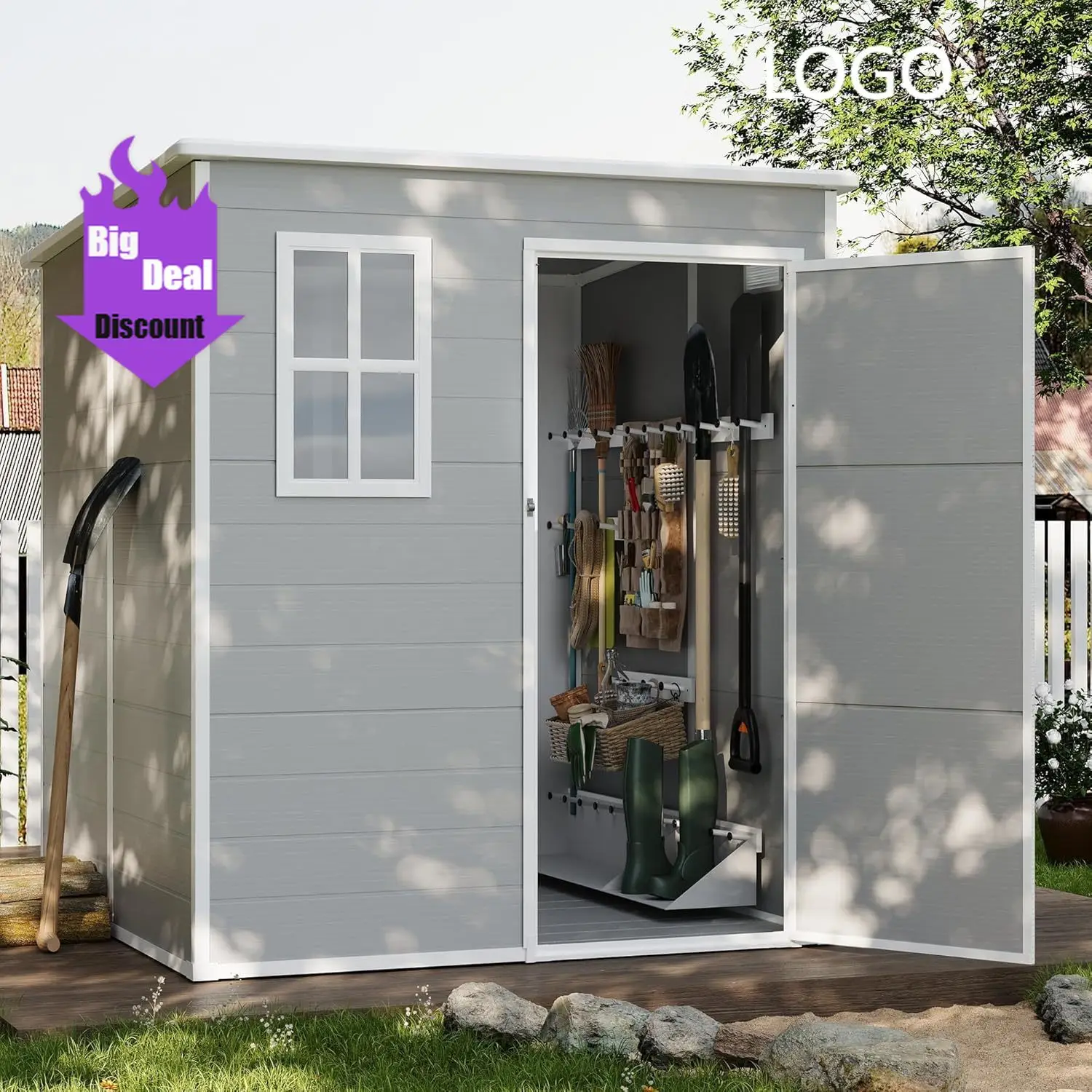 

Outdoor Storage Shed 6 x 6 FT, Resin Garden Sheds with Floor Plastic Patio Outdoor Storage Shed with Lockable Door for Tool