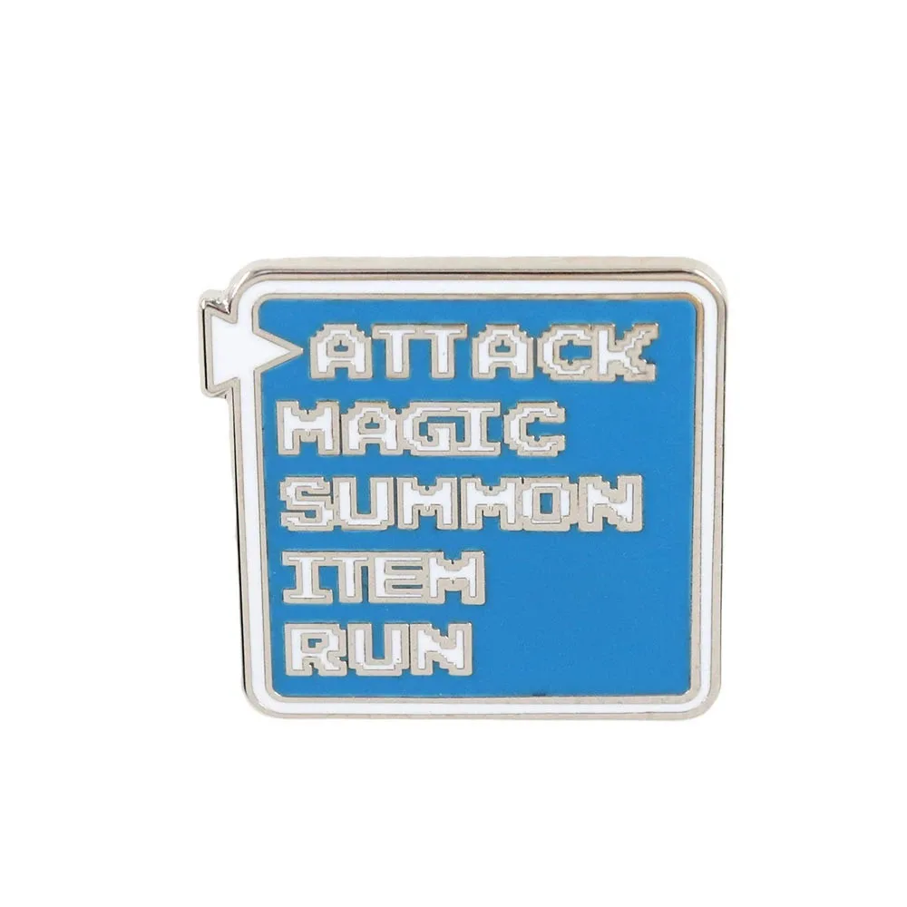 Retro RPG Battle Menu Enamel Pin, 8-Bit Pixel Text Brooch, Nostalgic Fantasy Game Lapel Pin for Gamers & Retro Fans