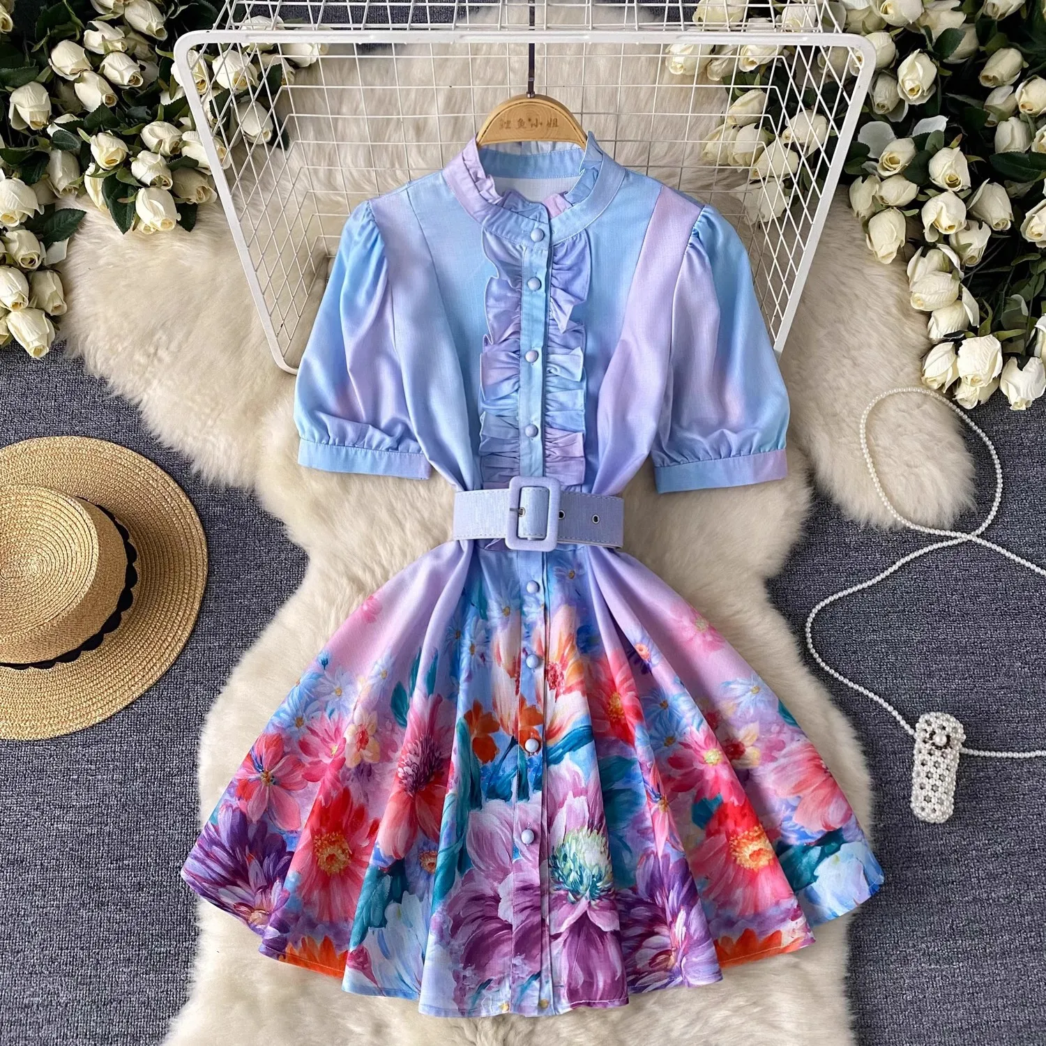 

1Summer Runway Ruffles Mini Dress Women Stand Collar Short Sleeve Single Breasted Floral Print Belt Holiday Beach Dress 2088