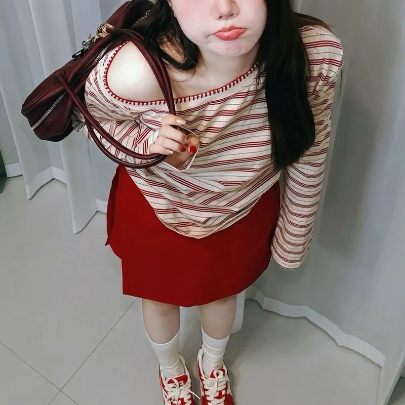 

Повседневные полосатые футболки с косым воротником, осенняя модная женская одежда, свободные базовые пуловеры в Корейском стиле контрастных цветов