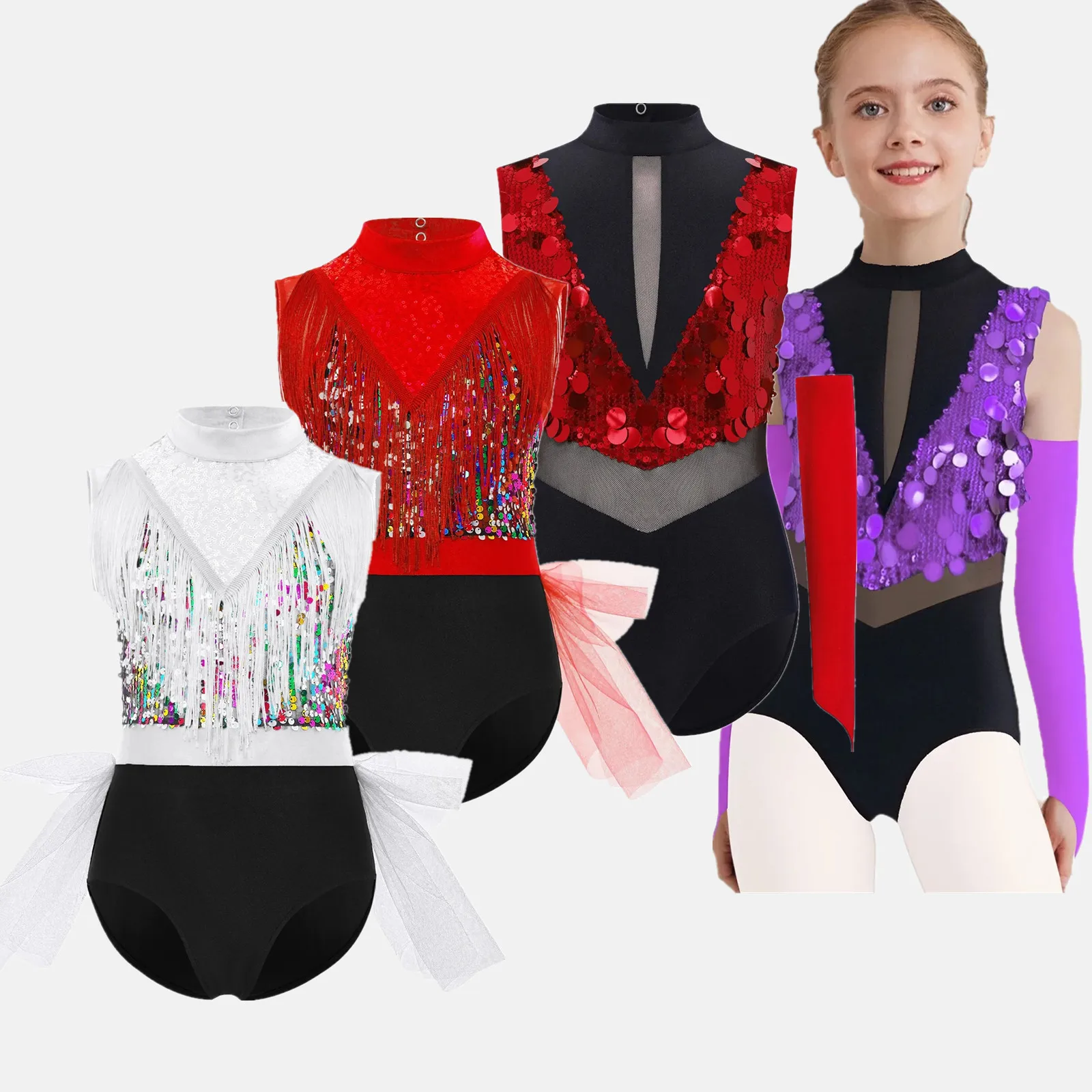 Niños Niñas gimnasia traje de actuación de baile de Jazz latino recorte borlas Leotardos Body lentejuelas brillantes línea danza cuerpo Tops