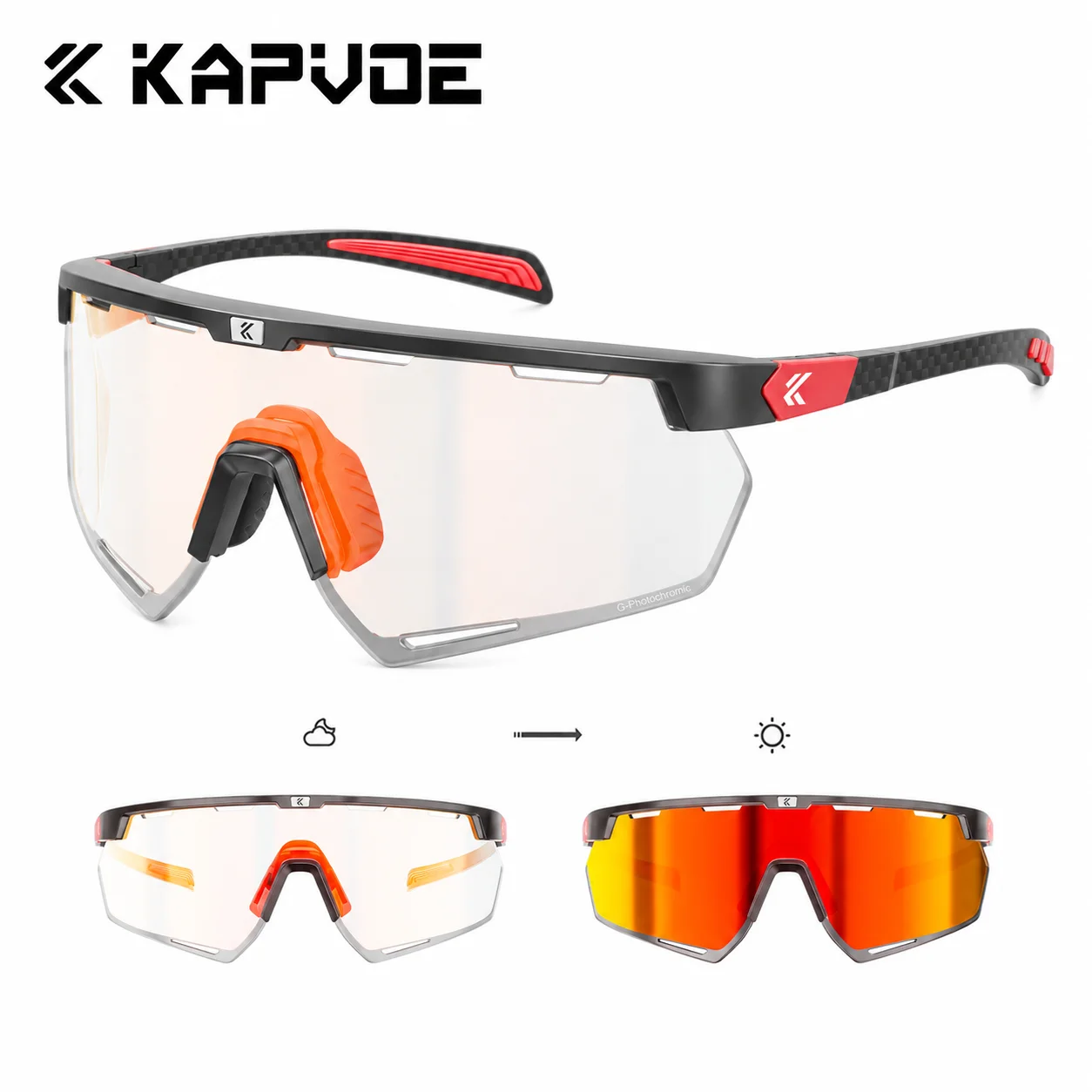KAPVOE Photochromic Cycling Sunglasses Carbon Fiber Temples Wide Lens Sports Glasses for Running Hiking Road Bike Men Women