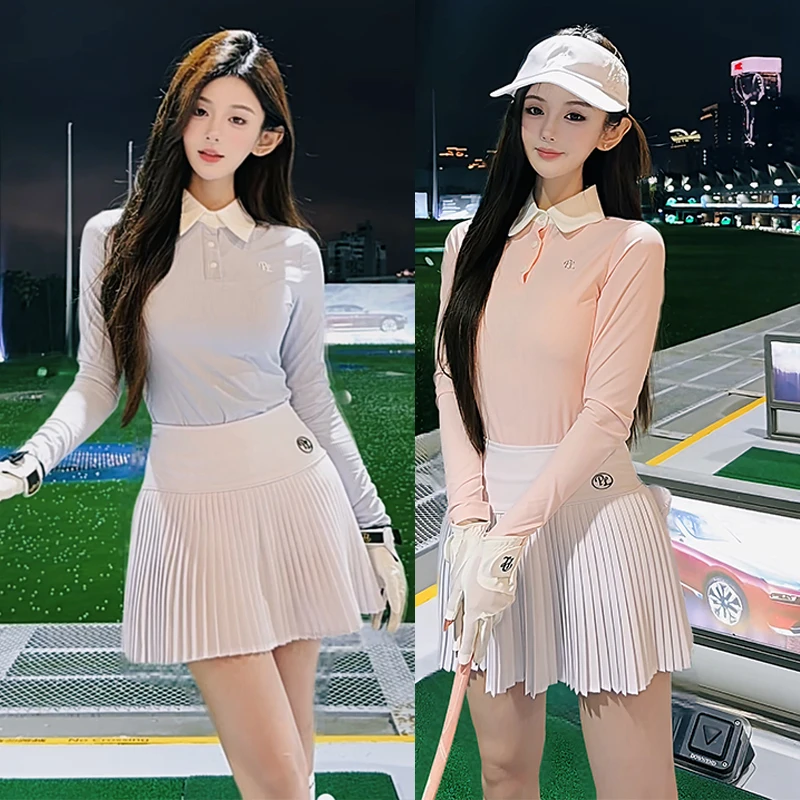 PL Spring Autumn Korean Golf Clothing Women New Golf Polo Shirts Long-sleeved Breathable Top Pleated Skirts Tennis Leisure Skort