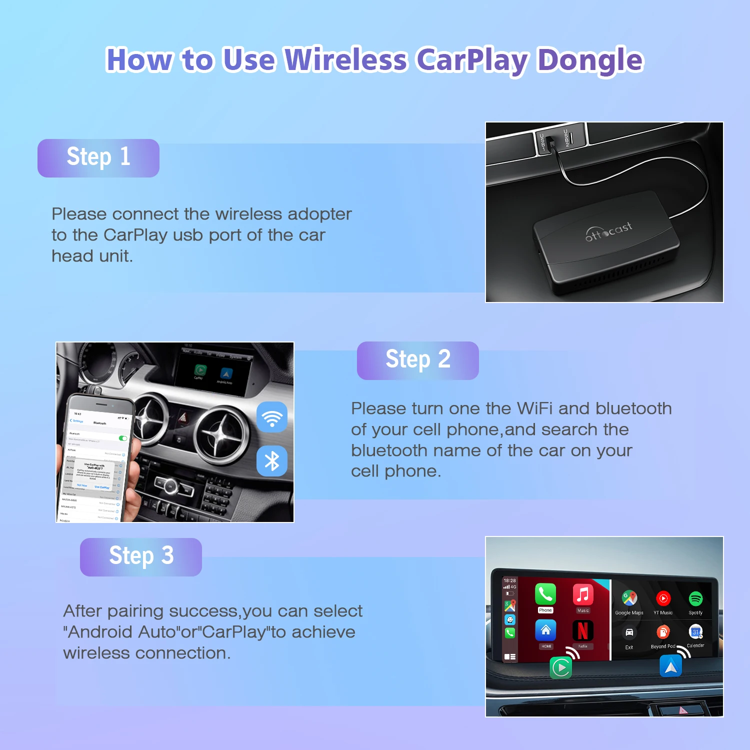 Ottocast U2X Wireless Android Auto CarPlay 2 In 1 Adapter Plug and Play for Original Wired CarPlay Car Best Price Great Deal